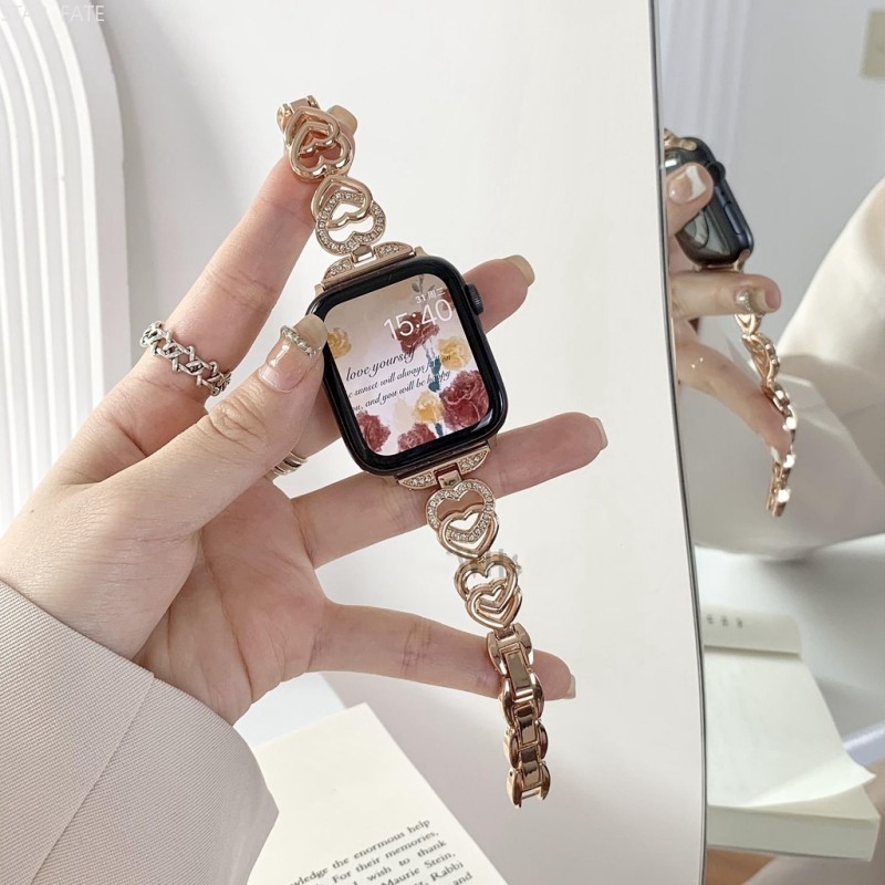 ins風 雙排愛心鑽金屬錶帶 適用於 Apple Watch 9代 8代 蘋果錶帶 iwatch Ultra1/2代