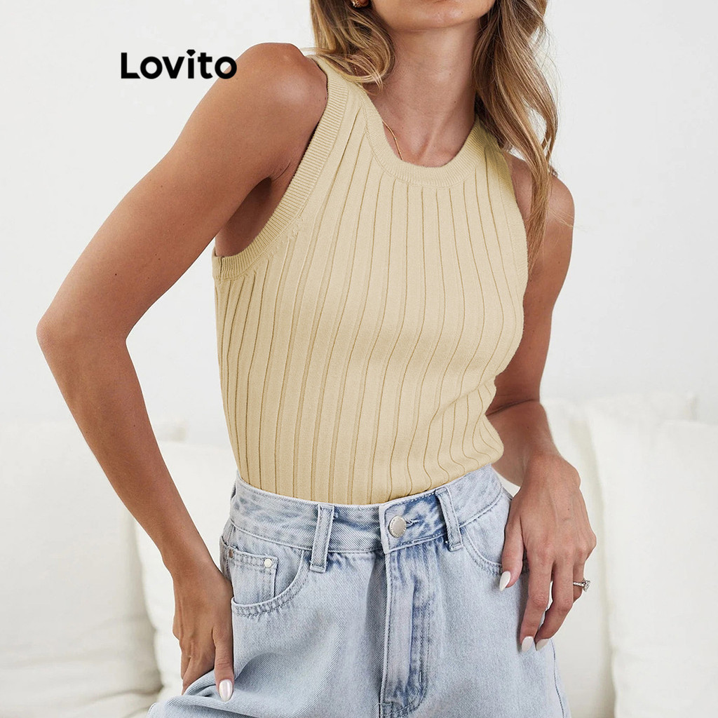 Lovito 女款休閒素色羅紋針織背心 LNL35089 (杏色/白色/黑色)