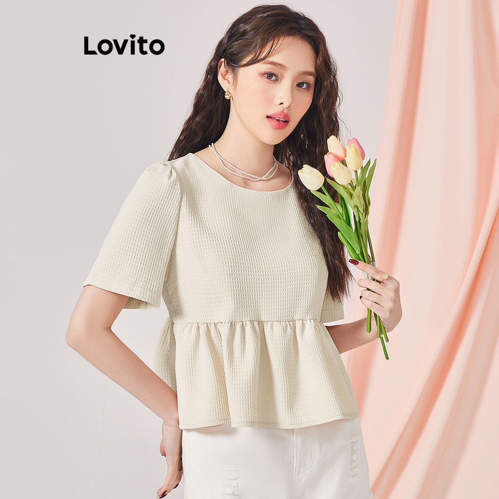 Lovito 女款休閒純色褶襉泡泡袖襯衫 L70AD005 (淺卡其色/粉色)