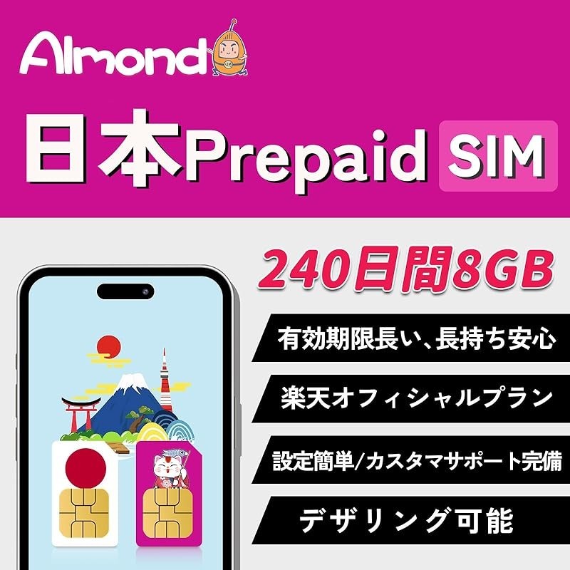 日本预付 SIM 卡 240 天 8GB 大容量乐天 5G 4G LTE 兼容预付 SIM 卡日本预付 SIM 卡乐天预