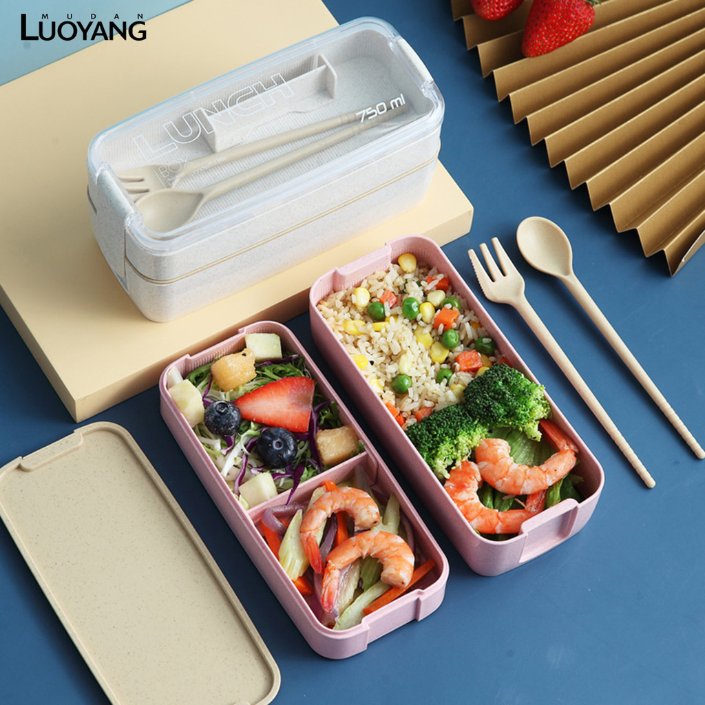 洛陽牡丹 雙層微波爐飯盒 帶餐具便當盒上班族減脂餐輕食午餐盒