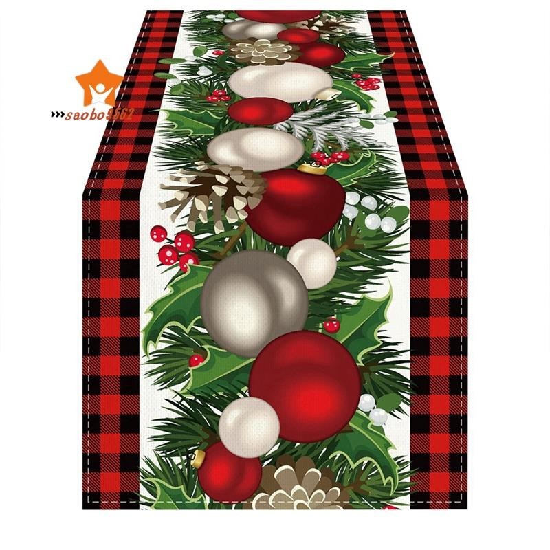 亞麻紅黑格子格子聖誕桌旗 72 英寸長季節性冬季聖誕餐桌裝飾