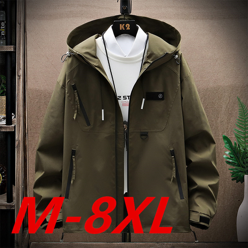 新品上市M-8XL大尺碼夾克男士防水防風連帽衝鋒衣青少年ins潮牌大尺碼寬鬆外套