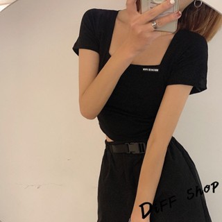 【現貨速發】 【DIFF】韓版小個子方領顯瘦短版上衣 短袖上衣 短袖t恤 女裝 顯瘦上衣 衣服 寬鬆上衣 素T 短板上衣