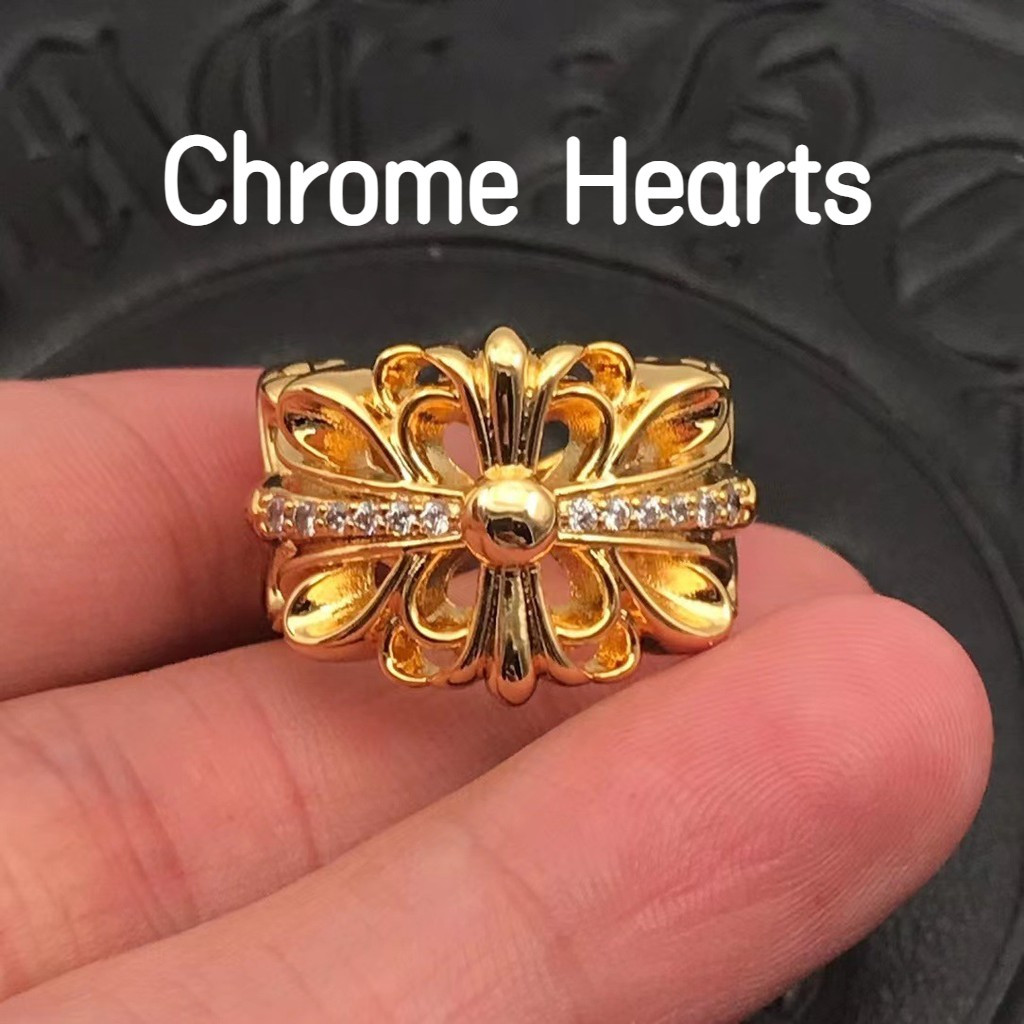 Chrome Hearts 克羅心 925純銀戒指 開口十字花鑲鑽鍍22K戒指 男女款金色朋克嘻哈食指戒CJ006