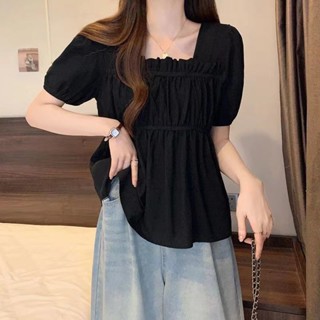 大碼女裝方領壓褶短袖娃娃衫女夏季設計感寬松微胖mm遮肚上衣藏肉 顯瘦上衣 短袖t恤 大尺碼女裝【PAPA】