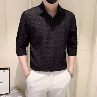 高級感格紋短袖襯衫男 夏季薄款 韓版緊身帥氣潮流七分袖襯衫