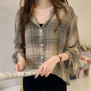 格子襯衫女設計感小眾襯衣洋氣夏季新款韓版復古港味長袖上衣雪紡 韓系襯衫 長袖襯衫女 修身襯衫 大尺碼襯衫