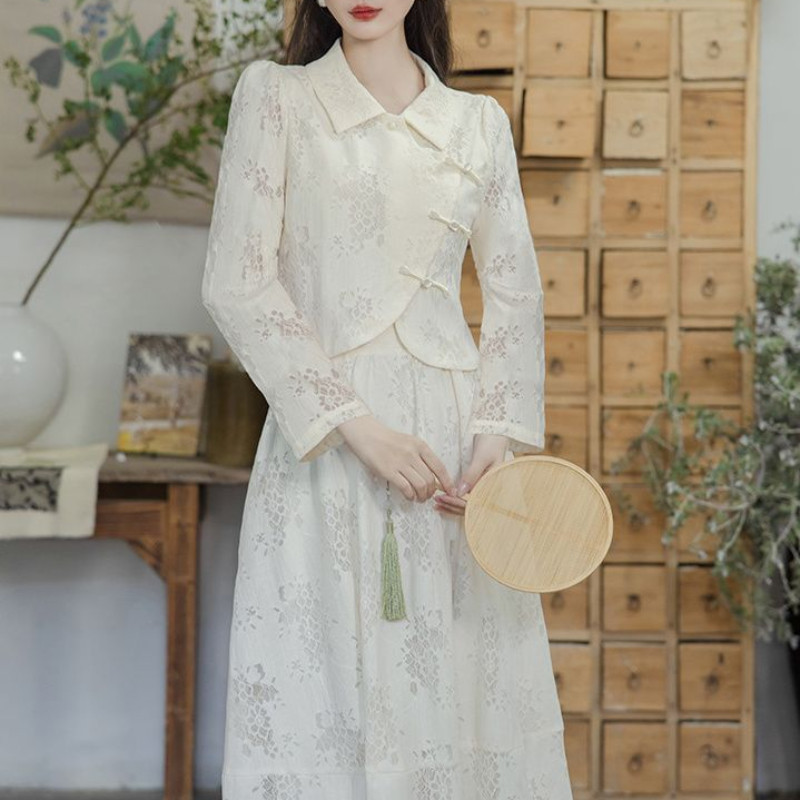 新中式 女裝 春季 盤扣 改良旗袍 兩件式套裝 日常可穿洋裝 長袖上衣