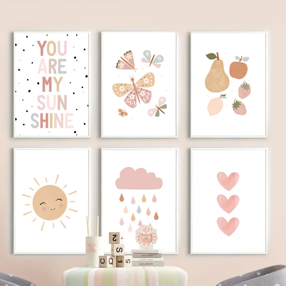 女孩粉紅色蝴蝶花牆藝術海報卡通太陽雲彩虹帆布繪畫和打印圖片嬰兒臥室裝飾
