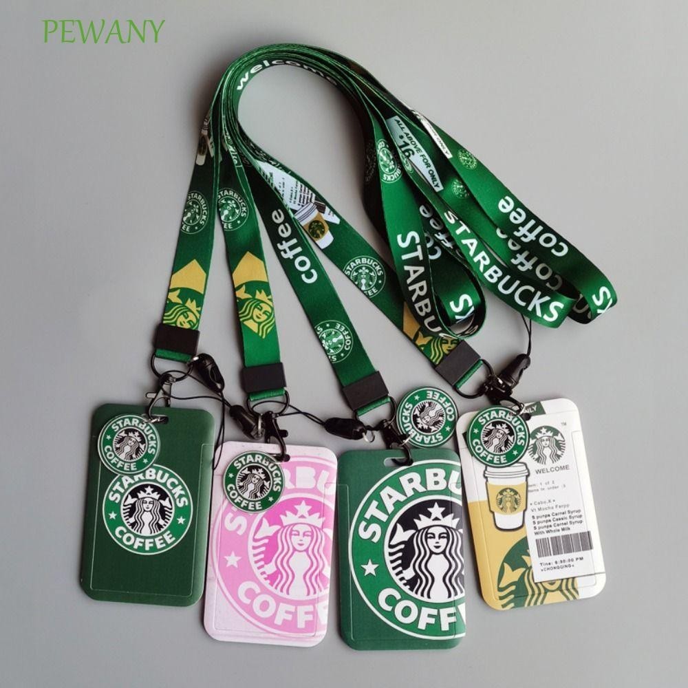 PEWANY卡通卡片夾可愛包鑰匙鏈咖啡員工卡聚酯帶掛繩的卡座綠色星巴克卡存儲蓋