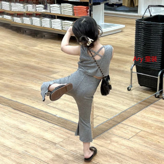 ARY 兒童套裝 女童短袖 褲子 女童夏裝無袖套裝 2024新款兒童短款背心喇叭褲兩件套寶寶夏季 寶寶衣服 上衣