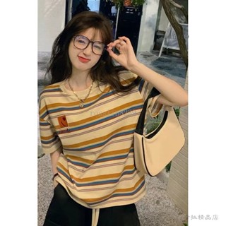 【2456人好評】韓係新款複古條紋T恤女ins潮小眾設計感寬鬆短袖正肩圓領上衣夏