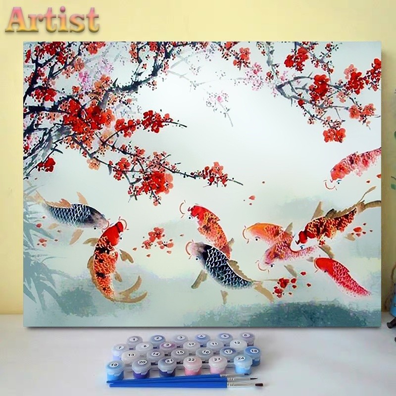 Artist DIY數字油畫 金魚 九魚圖（40X50CM帶框）按數字畫 油畫 手工畫 裝飾畫 數字繪畫