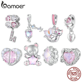 Bamoer 925 純銀粉色星星熊吊飾情侶心形珠子適合女士女孩手鍊和手鐲 DIY 高級珠寶