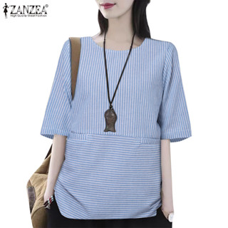 Zanzea 女式韓版休閒條紋寬鬆短袖圓領襯衫