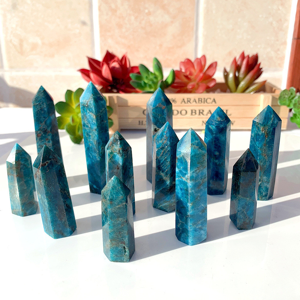 跨境熱銷天然水晶半寶石藍磷灰石六稜單尖柱家居裝飾水晶柱擺件