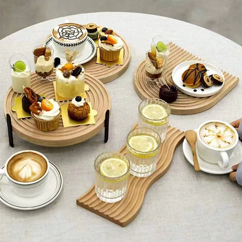 日式木質砧板圓形櫸木托盤擺件水波紋下午茶托盤美食甜品攝影道具