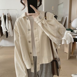 工裝外套 100%棉 女 春秋季新款 韓版寬鬆 顯瘦 大口袋長袖復古簡約上衣