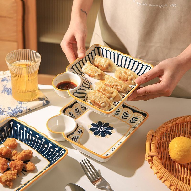 日式陶瓷餃子盤帶醋碟方形盤子創意薯條點心盤家用水餃專用盤