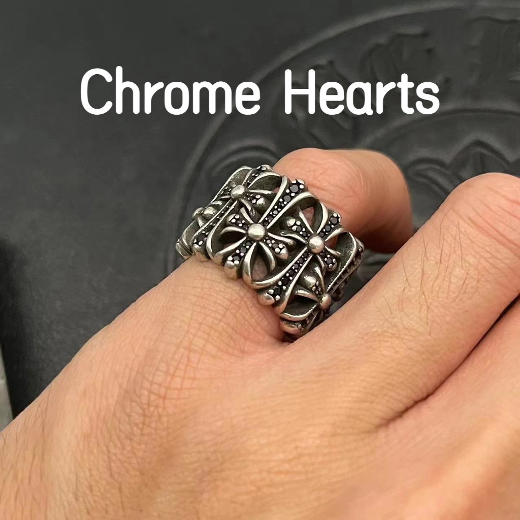 Chrome Hearts 克羅心 925純銀戒指 鑲鑽墓葬十字架戒指 男女復古做舊嘻哈朋克食指戒CJ085