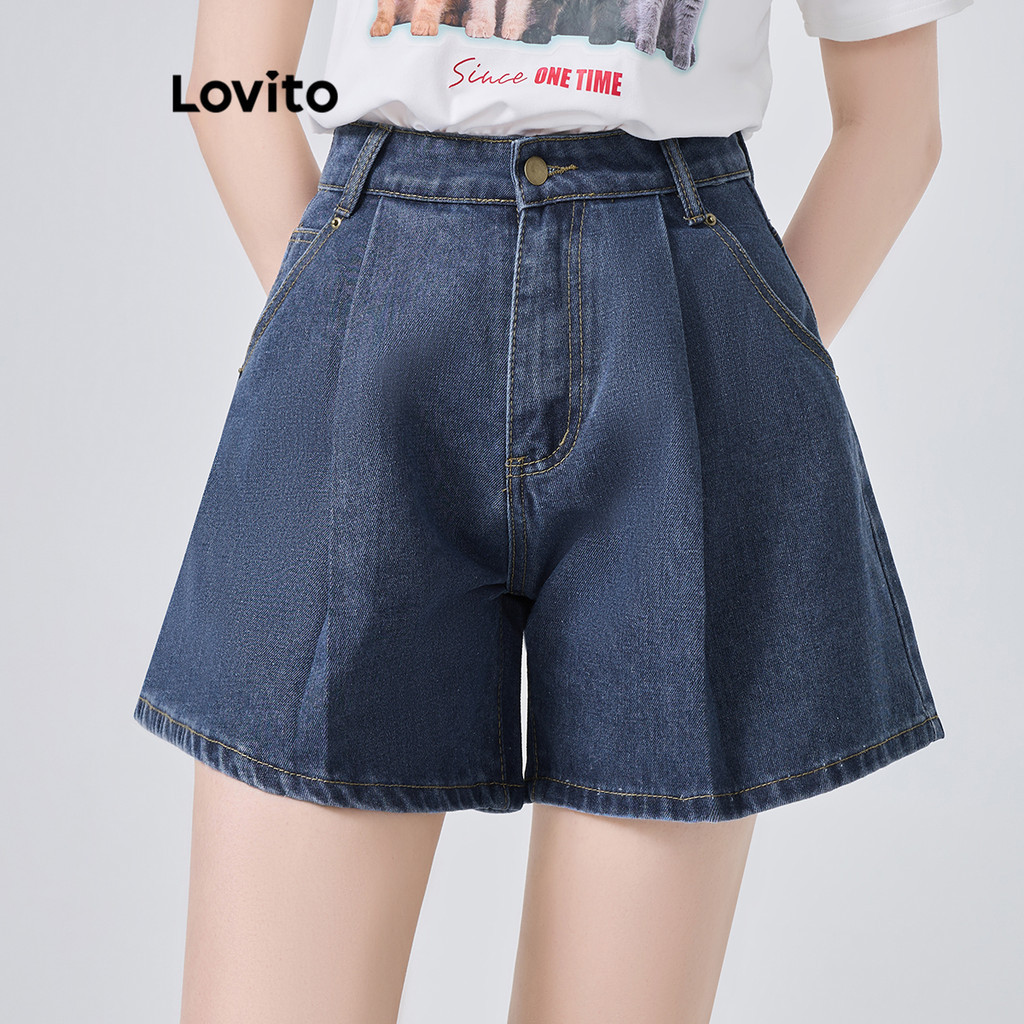 Lovito 女款休閒素色褶襉口袋牛仔短褲 L74ED008
