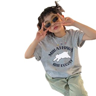 【HOT 本舖】 女童灰色純棉短袖T恤2023夏裝新款中大童韓版卡通印花半袖上衣潮