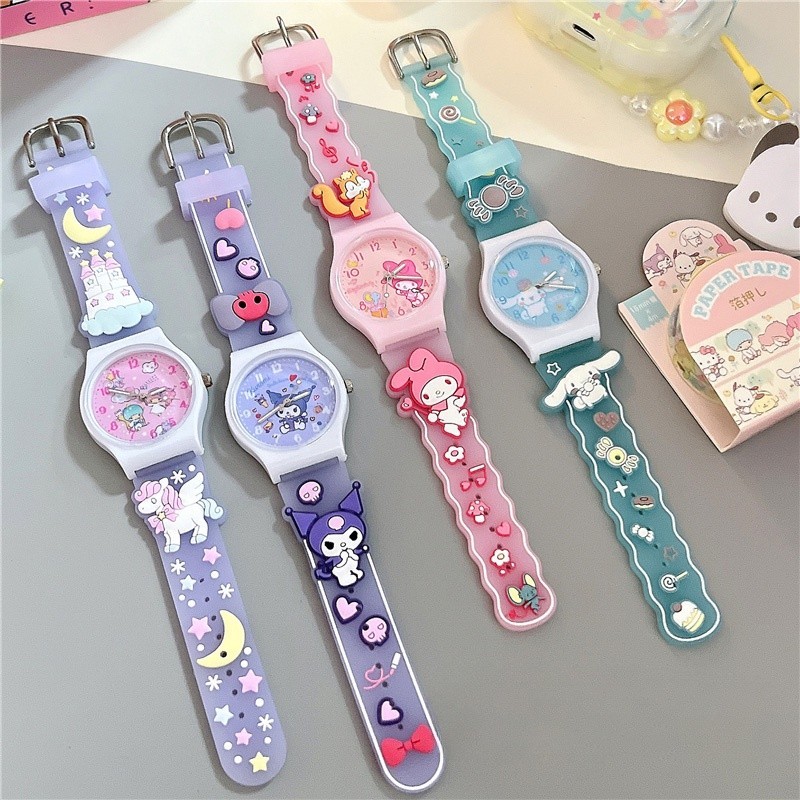 三麗鷗 Kuromi Hello Kitty Cinnamoroll 兒童手錶 3D 石英手錶矽膠錶帶兒童防水手錶