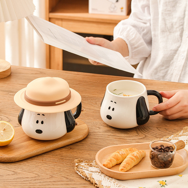 熱賣 史努比正品陶瓷馬克杯 帶手柄早餐杯 咖啡杯 創意帶蓋草帽杯 卡通可愛杯