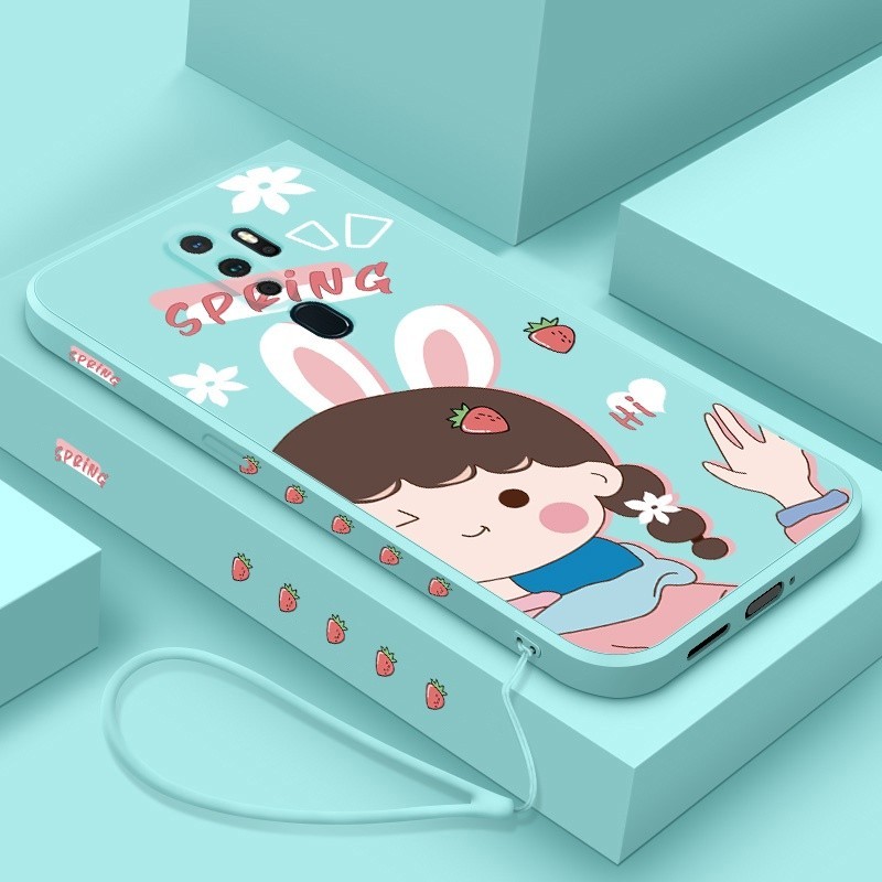 易240125 外殼 Oppo A9 2020 A5 2020 手機殼草莓兔耳朵可愛小女孩軟殼矽膠掛繩手機殼