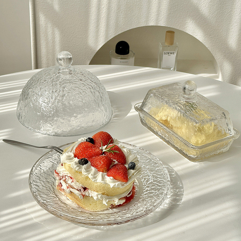ins歐式冰紋玻璃托盤帶蓋帶玻璃罩蛋糕盤水果試吃盤甜品點心托盤