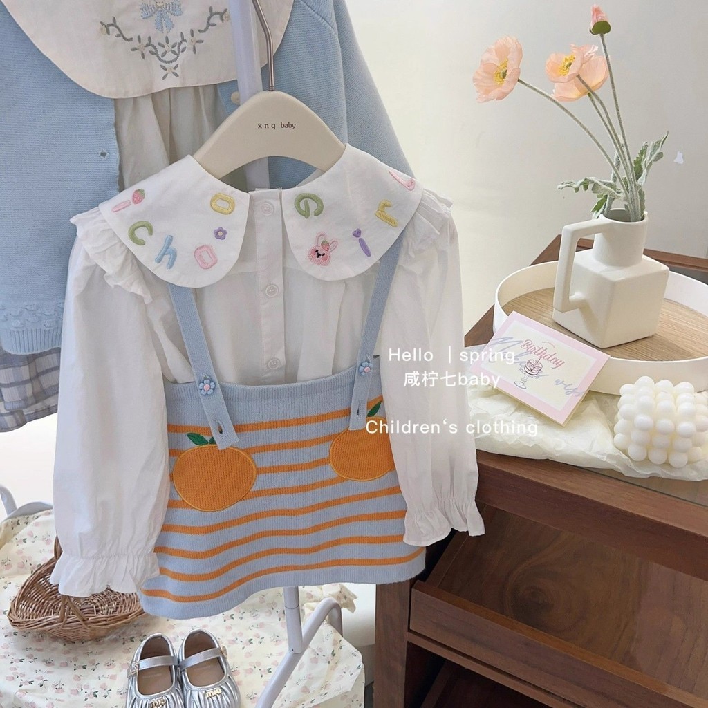 ✨HIKIDS✨韓版春季女童套裝 新款兒童可愛卡通吊帶針織揹帶裙 女寶寶刺繡襯衫