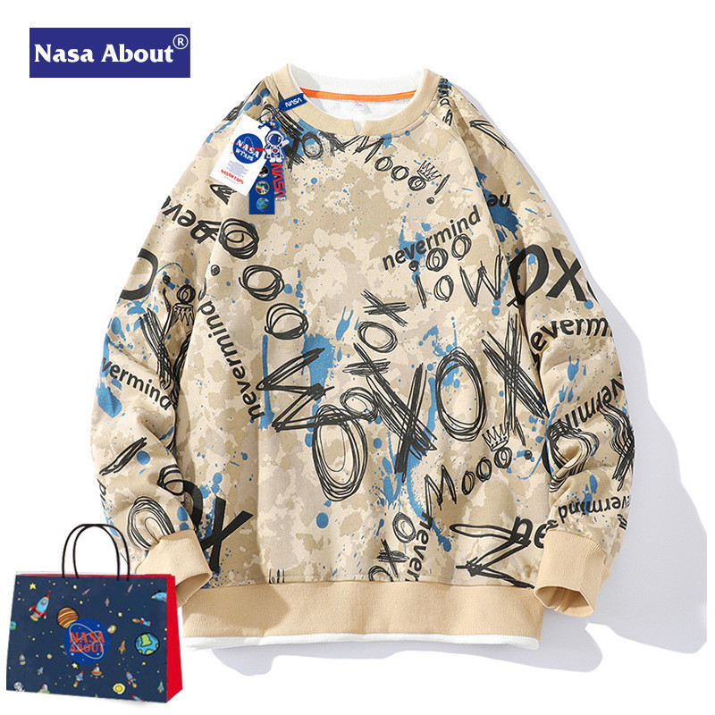 NASA聯名款春秋季假兩件衛衣男潮牌ins新款塗鴉圓領寬鬆情侶外套