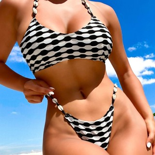 歐美比基尼黑色白色圓點背心露背兩件式Bikini沙灘泳裝