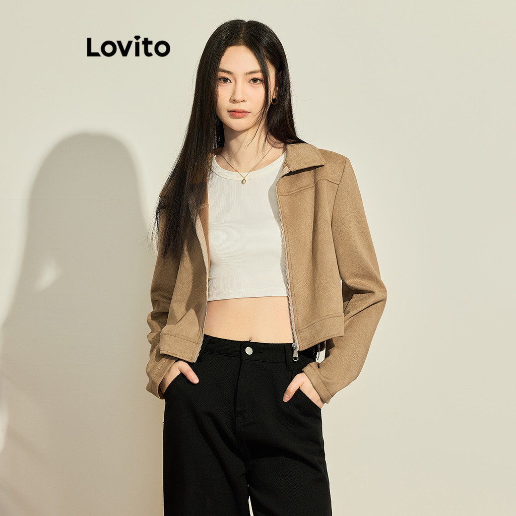 Lovito 女式休閒素色拉鍊麂皮外套 L73AD148