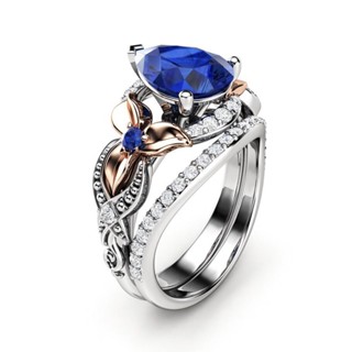 【戒指】鍍金鑲嵌藍寶石雙色戒指女訂婚套戒對戒戒子女生指環戒指飾品