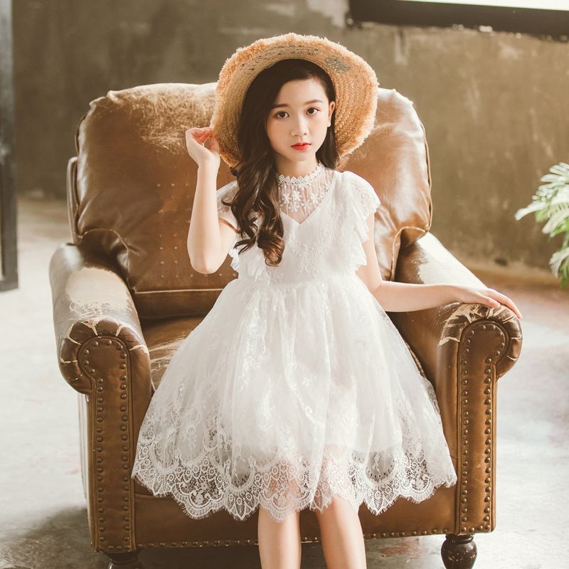 ALJ 韓版兒童洋裝 女童夏季洋裝白色蕾絲裙子兒童公主裙2024新款夏裝女孩洋氣禮服