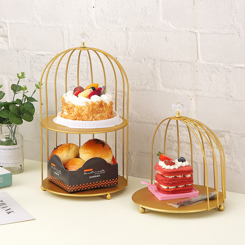鐵藝雙層置物架 金色鳥籠甜品台展示架 擺件支架 茶歇擺台支架 蛋糕托盤糕點架子 道具