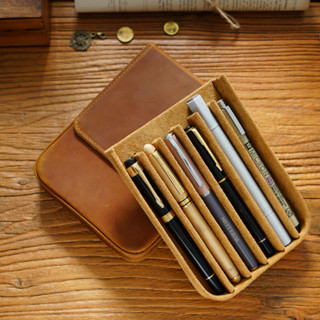 瘋馬皮筆盒六支裝 手工製作 磁吸抽屜式 鋼筆筆袋 筆盒 單支獨立放 內植絨 外真皮 抽拉式筆盒