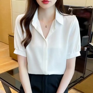 S-2XL 大尺碼純色襯衫女 韓版新款短袖白襯衫女 法式設計感小眾緞面上衣 夏季新款職業面試襯衣