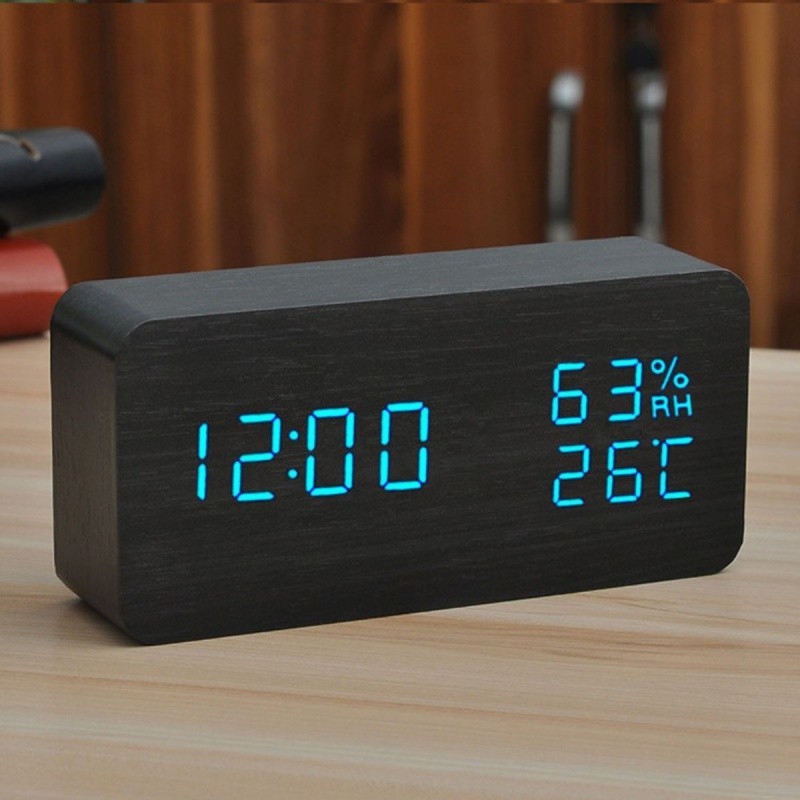 木質桌面鬧鐘/創意時鐘/溫度溼度聲控led夜光多功能簡約檯鐘電子鐘