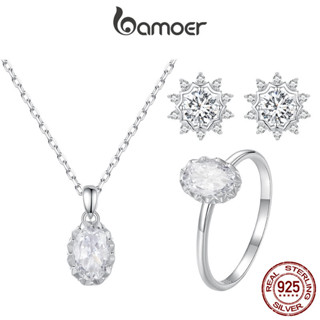 Bamoer 925 純銀耀眼莫桑石首飾套裝項鍊耳環戒指系列女士和女孩禮物