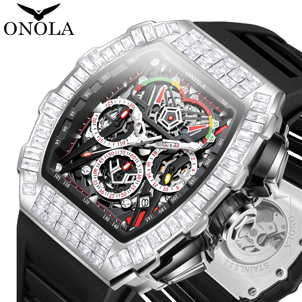 時尚滿鑽新款ONOLA男士手錶  運動多功能機械膠帶防水男士手錶 ON6827F
