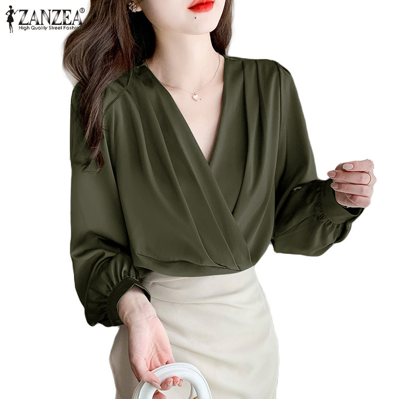 Zanzea 女式韓版緞面長袖燈籠袖褶襉 V 領襯衫