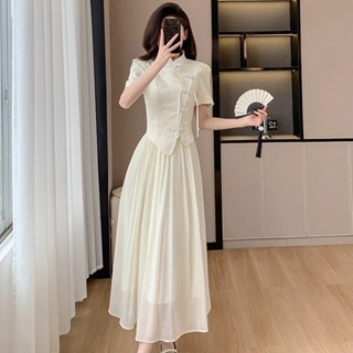 乘法 洋裝 2024夏新款國風新中式假兩件高級感法式氣質收腰長裙 WW