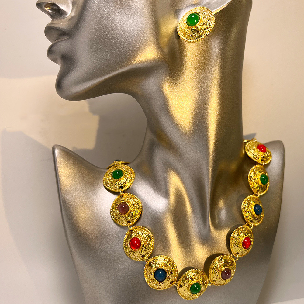 法式復古錢幣圓形項鍊套裝 彩色寶石高級感古董vintage耳環鎖骨鏈