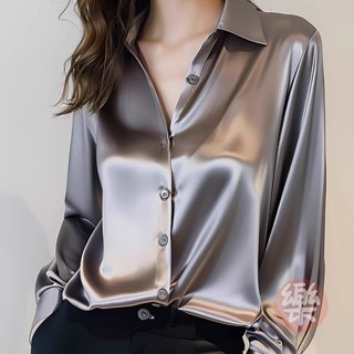 2025春季新款高階感灰色醋酸緞面襯衫女長袖別緻法式絲綢職業襯衣 顯瘦襯衣 春夏季襯衫 韓版長袖襯衫 氣質襯衫「樂購」
