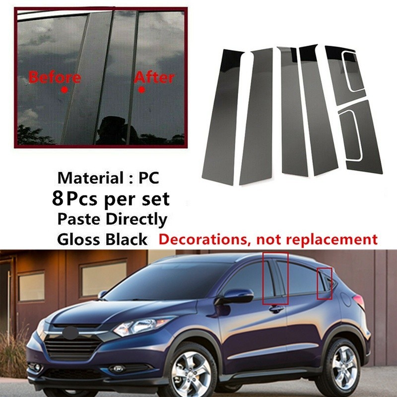 HONDA 8 件裝亮黑色車門窗柱 BC 柱柱飾條汽車裝飾貼紙適用於本田 HRV 2016-2022 汽車造型高品質