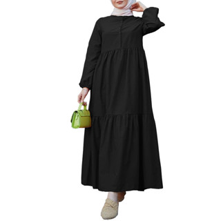 Hijabista 女士穆斯林日常純色休閒長袖娃娃分層連衣裙