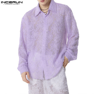 Incerun 男士復古時尚提花拼接長袖休閒襯衫